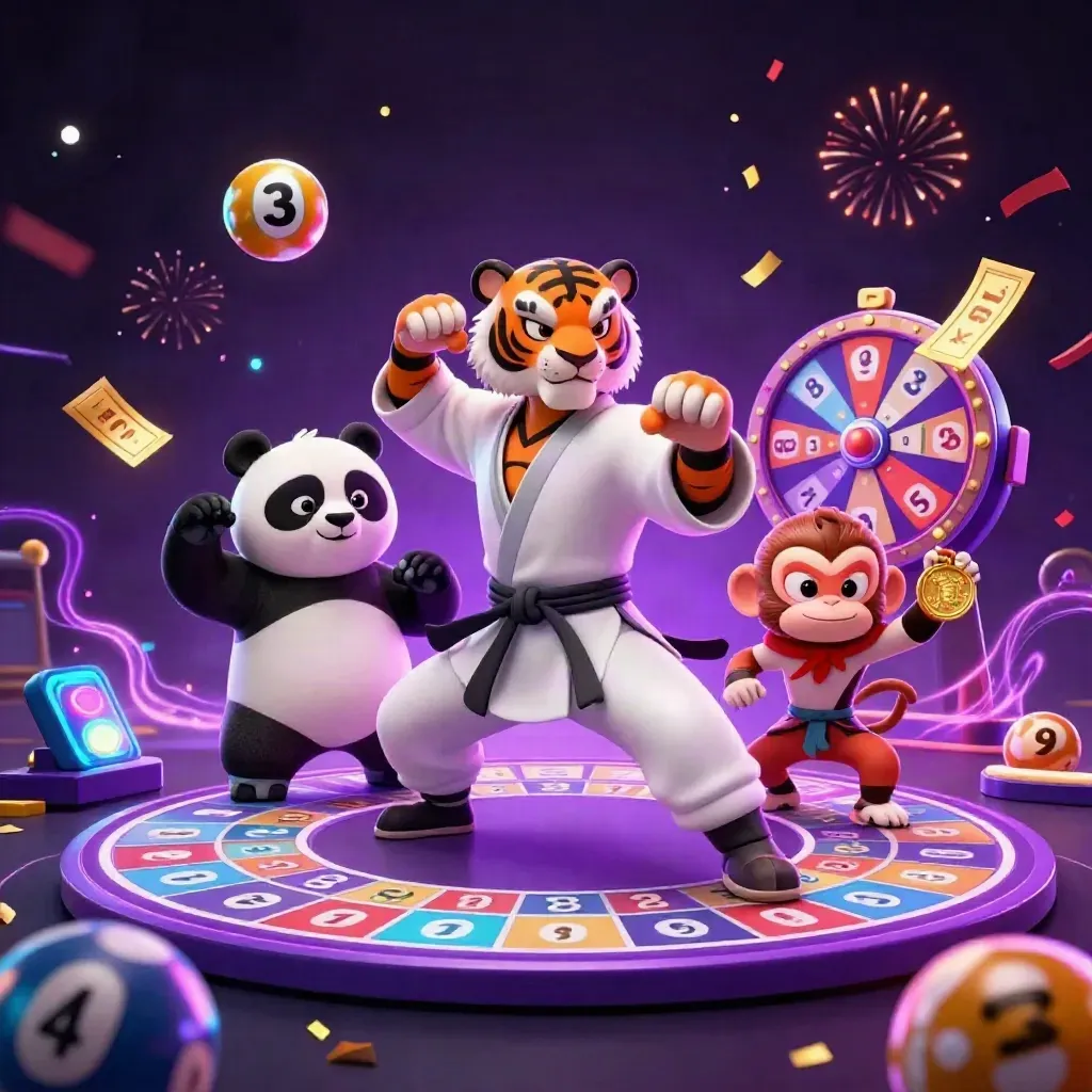 Tiger, panda, and monkey amid neon casino icons, confetti, fireworks, and magical energy.