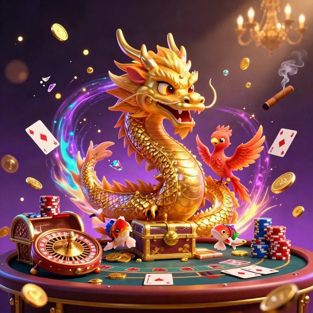 Golden dragon, red phoenix, koi, spinning roulette, chips and gems in neon casino glow.