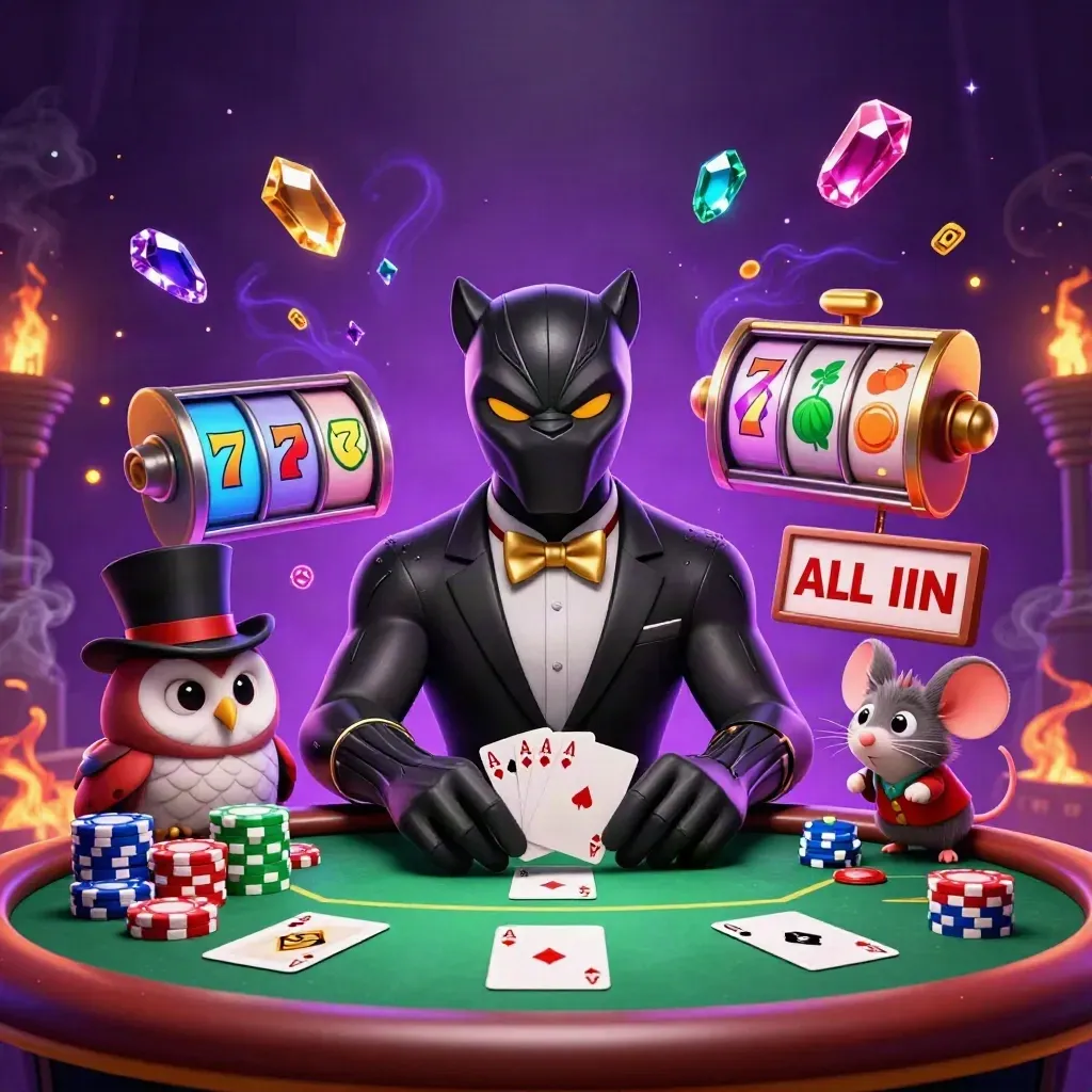Black panther, owl, and mouse gamble amid chips, cards, reels, and violet casino glow.