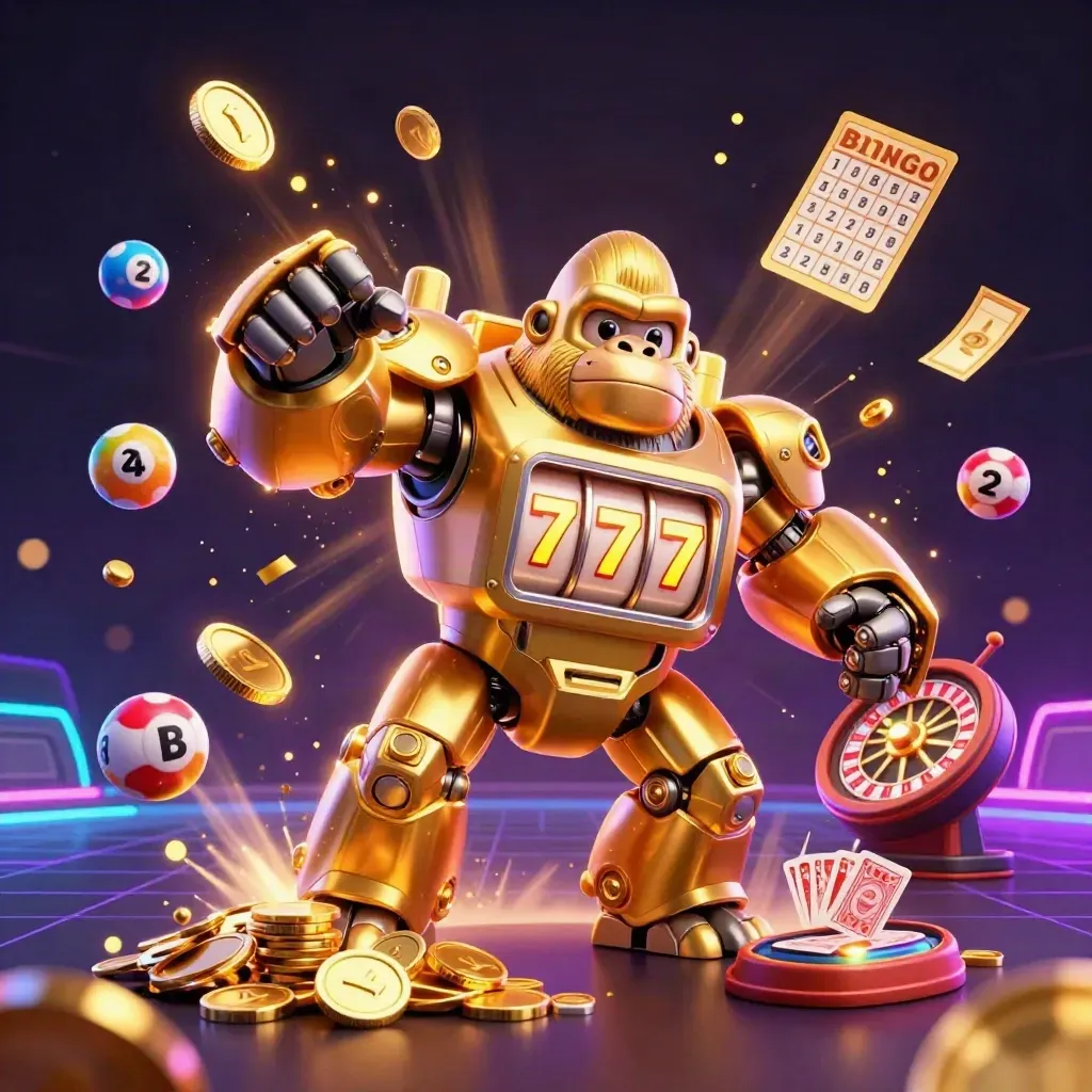 Golden gorilla mech with tiny monkey pilot amid coins, reels, wheel, cards, and fireworks.