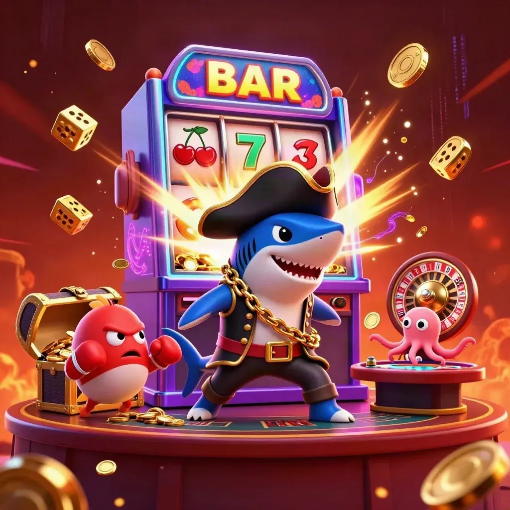Pirate shark, boxing pufferfish, and juggling octopus amid exploding slot riches and casino lights