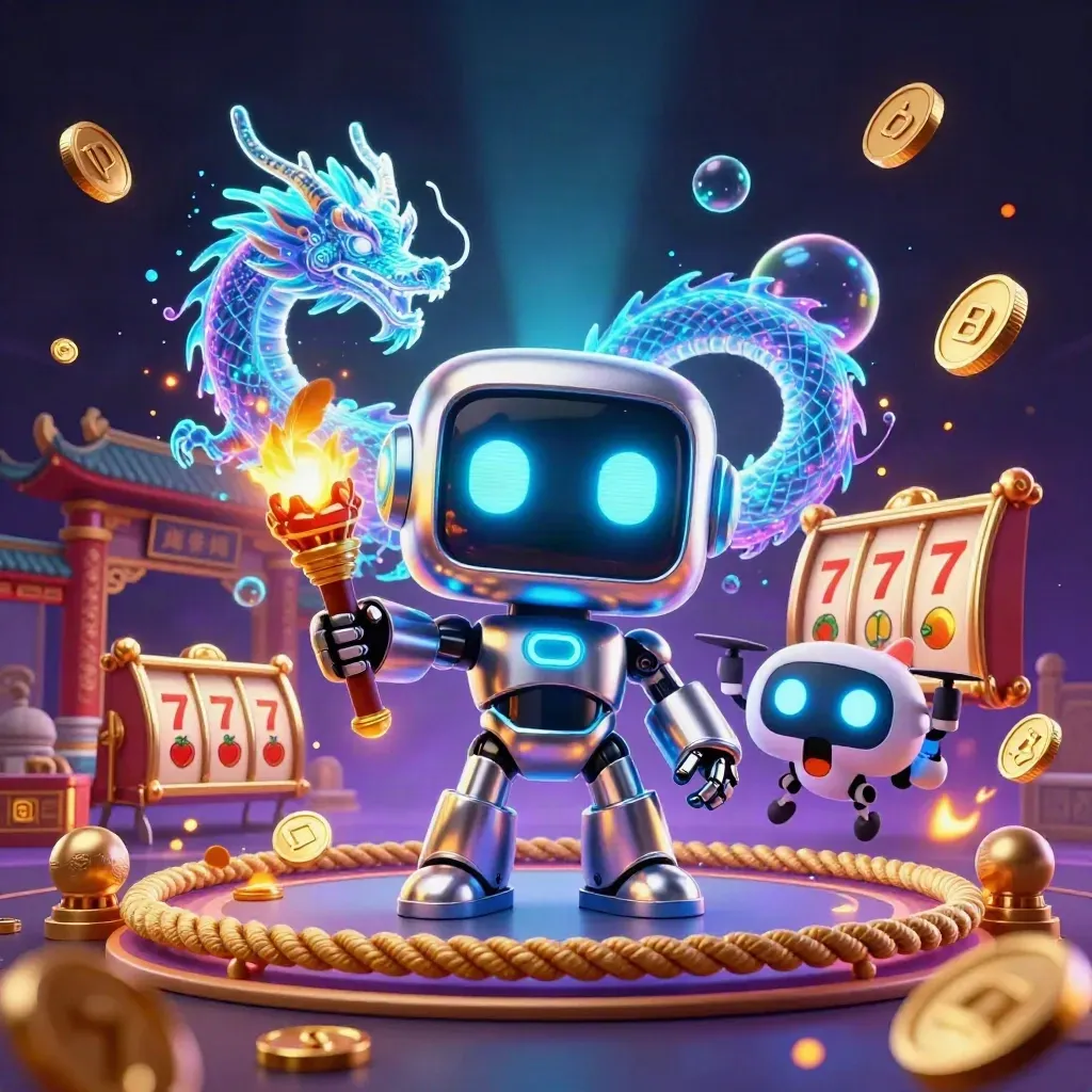 Cyberpunk robot, hologram dragon and coin drone amid casino relics, glowing in neon cyan and violet.