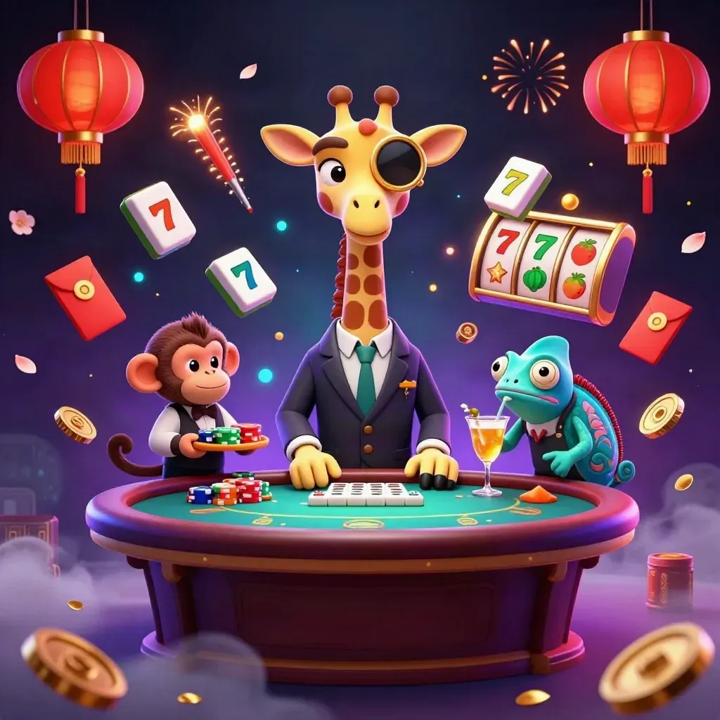 Giraffe, monkey valet, and chameleon bartender amid gold casino lights and flying slot symbols.