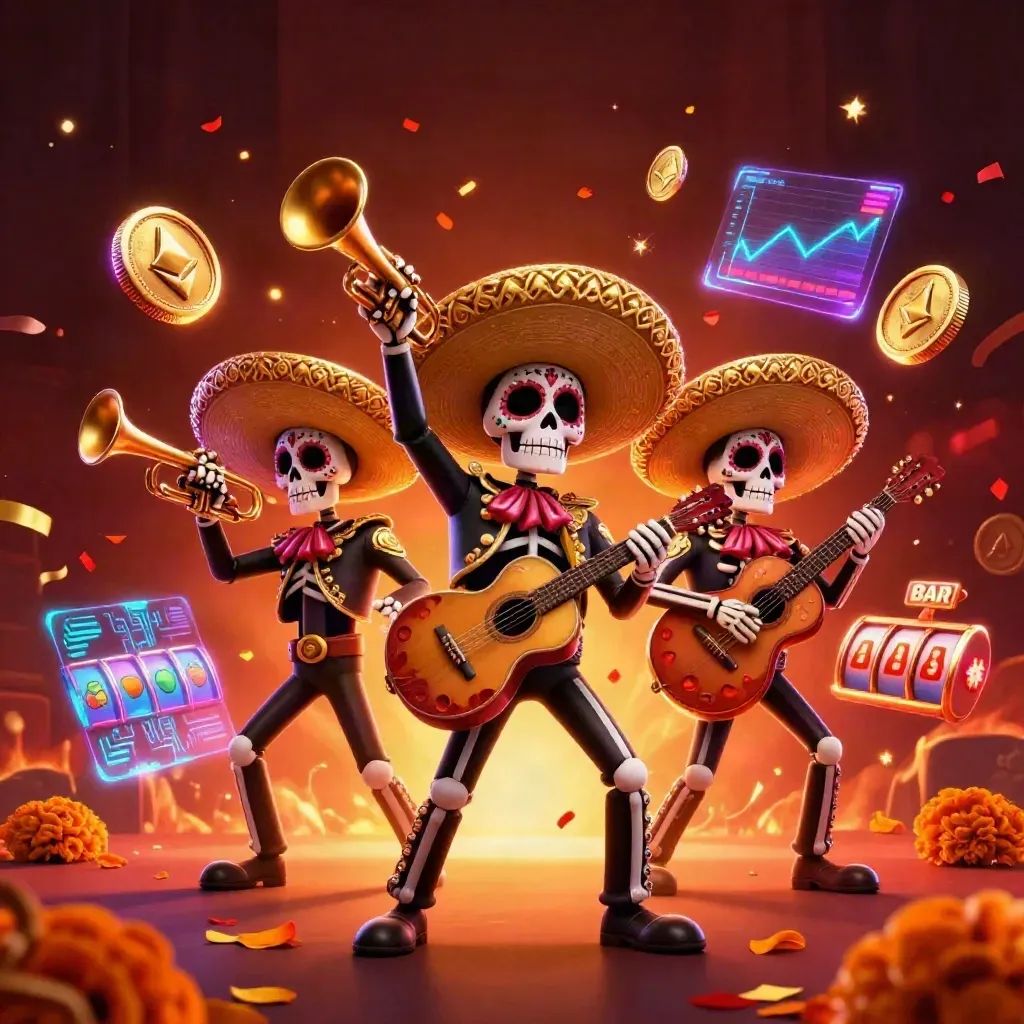 Three glowing skeleton mariachi musicians amid casino symbols and neon energy.